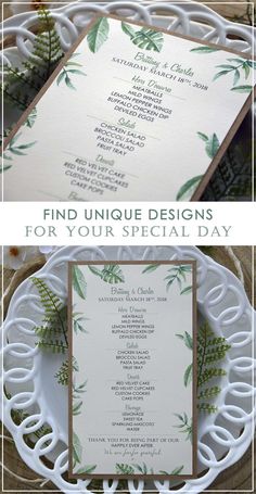 the wedding stationery is designed to look like it has green leaves and foliage on it