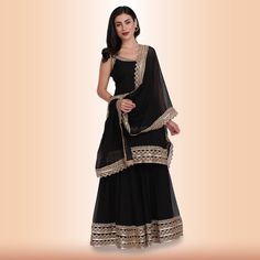 Elegant Garara Set with Gold Accent - Black Ready To Wear Saree, Sari Blouse, Gold Accent, On The Edge, Saree Blouse, Exclusive Collection, Indian Dresses, The Edge, Gold Accents