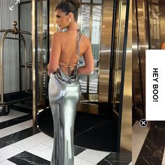 Never Worn: Perfect Condition. Gun Metal Gown With Open Back That Tied. Can Add More Photos Metallic Dresses, Party Long Dress, Spaghetti Strap Maxi Dress, Body Figure, Long Bodycon Dress, Backless Maxi Dresses, Metallic Dress, Silver Dress, Komplette Outfits