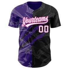 Custom Graffiti Pattern Black Purple-Pink 3D Scratch Authentic Baseball Jersey Black Sublimation Jersey With Baseball Collar, Black Sublimation T-shirt For Team Events, Black Sublimation Design T-shirt For Team Events, Black Sublimation Baseball Collar Shirt For Sports Season, Collegiate Black Short Sleeve Baseball Jersey, Black Collegiate Short Sleeve Baseball Jersey, Collegiate Style Black Short Sleeve Baseball Jersey, Black Short Sleeve Collegiate Baseball Jersey, Pink Baseball Jersey With Letter Print