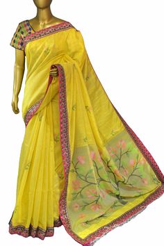 Now be the talk of the crowd with our latest collection of Matka muslin handloom collections with the amazing and refined traditional jamdani weaving and dignified lace border make this pure yellow color saree one of the subtle choices of many with pure muslin pallu. Color: A shade of pure yellow color Technique: Comes with traditional jamdani weaving all over the saree and has a muslin pallu Fabric: Matka Muslin Quality: Indyvogue's Assurance of Pure Silk Mark Certified Saree Yellow Semi-stitched Cotton Silk Saree, Yellow Semi-stitched Handloom Saree, Yellow Embroidered Raw Silk Blouse Piece, Yellow Traditional Wear With Resham Embroidery In Mulmul, Yellow Mulmul Traditional Wear With Resham Embroidery, Yellow Chanderi Saree With Resham Embroidery, Yellow Chanderi Blouse Piece With Embroidery, Yellow Chikankari Embroidery Dupatta For Transitional Season, Yellow Embroidered Chanderi Blouse Piece