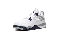 The Air Jordan 4 PS “Midnight Navy” is the preschool sizing of the colorway of retro basketball shoe inspired by the model’s iconic “White Cement” style.  The upper is constructed from white leather, save for the tongue and mid-panel which feature tonal mesh detailing.  Midnight Navy plastic lace holders are found on the throat and collar.  The Jordan 4’s signature “Cement” detailing appears on the “Wings” tabs, on the mudguard, and on the Jumpman branded heel counter.  Release date: October 29, Buty Jordan, Jordan 4’s, Plastic Lace, Retro Basketball Shoes, Retro Basketball, White Cement, Grey Heels, Jordan 4 Retro, Air Jordan 4