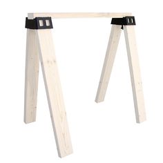 a white wooden frame with black straps on it's ends and two legs that are attached to each other