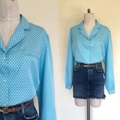 Vintage Polka Dot Blouse For Work, Vintage Polka Dot Blouse For Workwear, Long Sleeve Polka-dot Blouse With Button Closure, Polka Dot Long Sleeve Blouse With Button Closure, Polka Dot Long Sleeve Shirt For Workwear, Polka Dot Long Sleeve Shirt For Spring, Blue Retro Long Sleeve Shirt, Retro Blue Long Sleeve Shirt, Retro Long Sleeve Blue Shirt