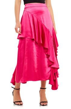 Luscious ruffles accent this flowy maxi skirt elevated in rich satin. 95% polyester, 5% spandex Hand wash, dry flat Imported Summer Satin Tiered Skirt, Spring Satin Skirt With Ruffles, Chic Satin Tiered Skirt, Pink Satin Evening Bottoms, Pink Tiered Ruffle Maxi Skirt, Silk Ruffle Skirt For Evening, Evening Silk Skirt With Ruffles, Summer Satin Maxi Bottoms, Spring Satin Ruffled Skirt