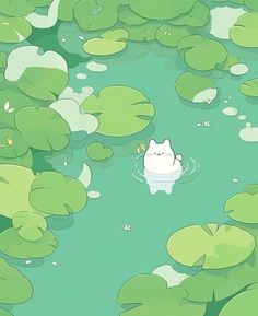 a cat floating in the water surrounded by lily pads and green leaves with white dots