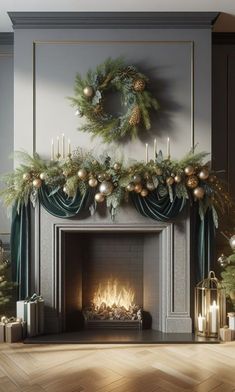 Moody Christmas Mantle Decor, Candleabra Ideas Christmas, Foyer Christmas Tree Entryway, Xmas Chimney Decor, Fireplace Wreath Christmas, French Inspired Christmas Decor, Deer Centerpiece Ideas Christmas, Elegant Outdoor Christmas Decor, Elegant Christmas Mantle Decor