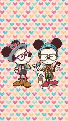 two cartoon characters shaking hands on a colorful background with heart shaped shapes in the background