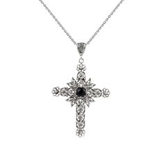 925 Sterling Silver Filigree Art Black Onyx Gemstone Cross Pendant Necklace Formal Spiritual Crucifix Jewelry, Ornate Black Sterling Silver Jewelry, Black Engraved Pendant Jewelry, Black Crucifix Necklace Engraved, Black Cross Pendant For Formal Occasions, Black Engraved Crucifix Necklace, Black Filigree Necklace For Formal Occasions, Formal Black Filigree Necklace, Black Filigree Pendant Jewelry