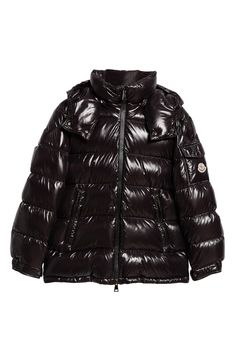 This hooded down puffer jacket crafted from glossy nylon is a contemporary take on an iconic Moncler design. A cockerel logo patch and engraved hardware bring signature touches to the look. Two-way front-zip closure Fixed hood Elastic cuffs Front zip pockets Lined, with down fill 100% polyamide Dry clean Imported Women's Designer Clothing Designer Quilted Hooded Puffer Jacket, Designer Down Puffer Jacket With Detachable Hood, Luxury Black Puffer Jacket With Double-lined Hood, Black Luxury Puffer Jacket With Double-lined Hood, Luxury Hooded Duck Down Puffer Jacket, Luxury Black Puffer Jacket With Detachable Hood, Luxury Hooded Down Puffer Jacket, Designer Hooded Puffer Jacket With Padded Collar, Luxury Black Hooded Puffer Jacket