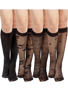 PRICES MAY VARY. Abundant Stylish Accessories: delight in our pack of 4 pairs of patterned trouser socks, showcasing variant patterned mesh knee high designs, making them ideal to pair with dresses or boots; Having this sufficient quantity aids to meet your routine clothing requirements conveniently, adding an intriguing edge to your varied attires Made with Nylon Material: our knee stockings are created using nylon material, promising soft fabric which is breathable and comfortable; The materia Calf High Socks, Black Knee High Socks, Socks Ankle, Knee High Stockings, Nylon Socks, Mesh Socks, Sheer Socks, Trouser Socks, Black Knees