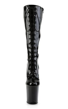 8" Heel, 4" PF Lace-Up Stretch Knee Boot, Side ZipHEEL/PLATFORM : 8" Heel, 4" PFFIT GUIDE : True to sizeVEGAN : Yes Patent Knee High Boots, Pleaser Shoes, Knee Boot, Womens Heels, Knee High Boots, High Boots, Rubber Rain Boots, Knee Boots, Knee High