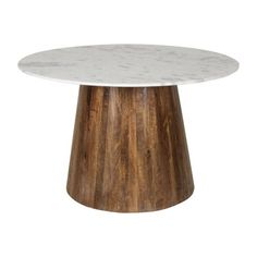 an image of a white marble table with wood base and round design on the top