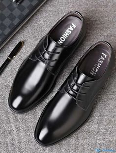 OrcaJump - Mens Leather Business Formal Shoes - British Korean Wedding Shoes - All Match Black Casual Soft Face Shoes Black Round Toe Lace-up Shoes For Wedding, Black Lace-up Shoes With Round Toe For Wedding, Black Oxfords For Wedding With Round Toe, Black Oxfords With Round Toe For Wedding, Black Round Toe Oxfords For Wedding, Black Closed Toe Oxfords For Wedding, Classic Dress Shoes With Round Toe For Groom, Black Leather Round Toe Shoes For Wedding, Black Round Toe Leather Shoes For Wedding