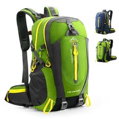 a green backpack with yellow zippers on the front and back straps, in three different colors