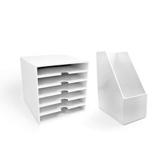 a white book shelf next to an empty magazine holder on a white background with one section open and the other half closed