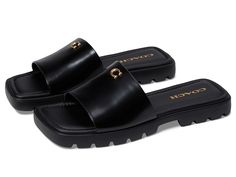 COACH Florence - Women's Shoes : Black : Please Note: COACH items cannot be shipped to military addresses (APO or FPO) and addresses in Hawaii, the Virgin Islands, Guam or any other locations outside of the continental US. Redefine the classic luxe style wearing COACH Florence Sandals. The slip-on footwear features leather upper construction with synthetic lining and insole. Square toe. Synthetic outsole. Measurements: Weight: 9 oz Product measurements were taken using size 8.5, width B - Medium Coach Sandals, The Virgin Islands, Random Fashion, Heeled Rain Boots, High Heel Rain Boots, Luxe Style, Sandals Outfit, Black Shoes Women, White Shoes Women