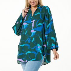 Colleen Lopez Collared Tunic with Gathered Sleeves    This tunic gives you endless style and wear all season long. Top it over your favorite staples for seamless elegance. Versatile Long Sleeve Blouse For Vacation, Split Neck Blouse For Fall Day Out, Green V-neck Tunic For Fall, Green Floral Print Long Sleeve Tunic, Green Long Sleeve Tunic With Floral Print, Fall Split Neck Tunic, Trendy Split Neck Fall Blouse, Trendy Split Neck Blouse For Fall, Green Long Sleeve Tunic For Spring