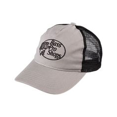 the bass shop trucker hat in grey and black is shown on a white background