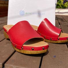 Handcrafted In Portugal, Red Leather Clog Sandals New In Box. Does Run About 1/2 Size Long. Red Clogs For Beachwear In Summer, Red Summer Beach Clogs, Red Round Toe Beach Clogs, Red Beach Clogs With Round Toe, Red Rubber Sole Mules For Summer, Red Mules With Removable Insole For Summer, Red Leather Platform Clogs, Red Closed Toe Clogs With Cushioned Footbed, Summer Red Mules With Rubber Sole