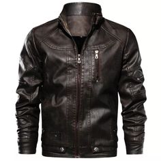 This jacket is made of premium crafted PU leather which is genuinely high quality and durable.Our products are crafted with only the highest quality materials and a lot of attention to detail. The special coating we use ensures the jacket is more resistant to scratches, abrasion and also provides decent waterproofing.  SIZE CHART（TopS)SizeBustLengthSleeve Length INCHCMINCHCMINCHCMS42.05 10725.55 6525.55 65M45.20 11526.33 6725.94 66L47.95 12227.12 6926.33 67XL51.09 13027.90 7127.12 69XXL53.84 137 Winter Leather Biker Jacket With Stand Collar, Brown Biker Jacket With Zipper Closure For Outdoor, Biker Leather Jacket With Stand Collar For Winter, Winter Biker Leather Jacket With Stand Collar, Hooded Brown Leather Jacket, Brown Faux Leather Outerwear For Streetwear, Brown Hooded Leather Jacket, Brown Leather Hooded Biker Jacket, Brown Hooded Leather Biker Jacket