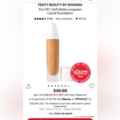 Prices Lowered Till New Years!! Get It Before The Sale Is Done!! Nib. Fenty Beauty. Pro Filter, Soft Matte Longwear Foundation-Shade 310. Only Opened To Show For Display And To Help You Match Shade As Much As Possible Online, I Know It's A Killer Unless You Are Really Knowledgeable Or You Know Your # Shade With Fenty Beauty. Also, Clearly Not My Match Lol This Is For Medium, Warm Golden Skin Tone, Whereas I Am Quite Fair. The Stock Photos Match This Shade. (310) Golden Skin Tone, Golden Skin, Foundation Shade, Foundation Colors, Foundation Shades, Beauty Cream, Tan Skin, Fenty Beauty, Makeup Foundation