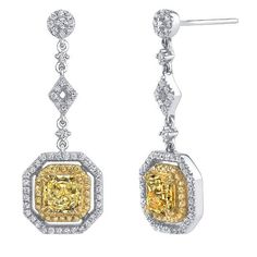 2.14 Ct. Rare Canary Fancy Yellow Cushion Cut Diamond Earrings (EGL Certified) Luxury Yellow Diamond Drop Earrings, Elegant Yellow Diamond Earrings With Halo Design, Yellow Diamond Earrings For Formal Occasions, Formal Yellow Diamond Earrings, Luxury Yellow Dangle Earrings, Luxury Yellow Diamond Cut Earrings, Yellow Diamond Earrings In Fine Jewelry Style, Yellow Diamond Earrings With Diamond Accents For Wedding, Yellow Diamond Drop Earrings Fine Jewelry