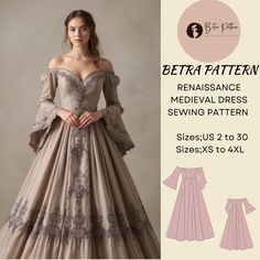 Renaissance Victorian Dress Sewing Pattern,Medieval Dress,Cosplay Dress,Off Shoulder Maxi Dress,Ball Gown,available as an instant download (pdf) sewing pattern bundle with a range of size options, including plus sizes ⭐US Sizes: 2, 4, 6, 8, 10, 12, 14, 16, 18, 20, 22, 24, 26, 28, 30 ⭐Standard Sizes: XS, S, M, L, XL, 2XL, 3XL, 4XL ⭐These patterns are suitable for A4, A0, and US Letter size papers. ⭐Once your payment is processed, you will automatically receive download links for the pattern files Renisance Dresses, Ball Gown Sewing Pattern, 1800 Dress, Gown Patterns, Sewing Summer Dresses, Medieval Dress Pattern, Everyday Steampunk, Gown Sewing Pattern, Off Shoulder Maxi Dress