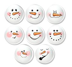 six snowmen with carrots on their faces are shown in this set of eight buttons