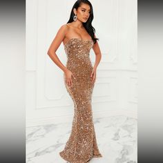 Gold. Sequin Maxi Dress Tube Sweetheart Neckline Padded Bra Cups Top Lined Back Zipper Stretch 97% Polyester 3% Spandex Gold Birthday Dress, Gold Sequin Dress, Sequin Midi Dress, Maxi Gown Dress, Sequin Maxi, Sequin Maxi Dress, Dress Gold, Satin Maxi, Fashion Nova Dress