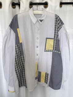 Handmade Oxford Shirt Women's in an oversized style. This item was created by upcycling Men's vintage shirts and reworking them into one final product.  Sizing is one of a kind, this shirt will fit a UK Size 12-14 / UK Size M Relaxed Fit Collared Patchwork Shirt, Oversized Casual Patchwork Shirt, Casual Oversized Patchwork Shirt, Cotton Patchwork Button-up Shirt, Cotton Patchwork Button-up Tops, Relaxed Fit Long Sleeve Shirt With Patchwork, Oversized Cotton Patchwork Shirt, Oversized Button-up Shirt With Patchwork, Oversized Patchwork Cotton Tops