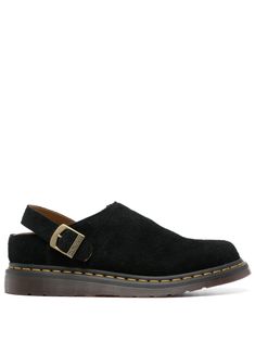 black calf suede brushed finish contrast stitching round toe elasticated side panel open back buckle-fastening slingback strap logo charm branded leather insole chunky rubber sole slip-on style Black Suede Mules With Leather Footbed, Suede Slip-on Mules With Buckle Closure, Black Mules With Buckle Closure For Work, Black Suede Mules With Removable Insole, Black Clogs With Buckle Closure For Workwear, Classic Black Slingback Mules, Black Workwear Clogs With Buckle Closure, Classic Suede Mules With Buckle Closure, Black Suede Clogs With Suede Lining