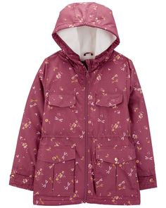 Made to wear from fall through winter, this midweight jacket features a full lining and attached hood to keep her warm, a full zip for easy on-and-off, and it's even water resistant to help keep her dry and cozy. Plus, it's soft on the inside and stylish too with an allover dragonfly print. Casual Raincoat With Fleece Lining For Cold Weather, Casual Fleece-lined Raincoat For Cold Weather, Spring Outdoor Hooded Jacket With Fleece Lining, Hooded Raincoat With Fleece Lining For Cold Weather, Fall Raincoat With Fleece Lining For Rainy Weather, Casual Winter Raincoat With Fleece Lining, Casual Fleece-lined Raincoat For Winter, Pink Weatherproof Outerwear For Fall, Winter Cotton Raincoat For Rainy Weather