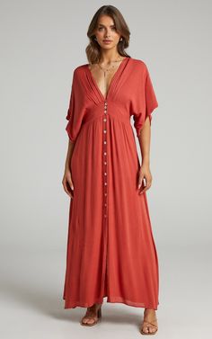 Sitting Pretty Maxi Dress in Rust | Showpo Rayon A-line Maxi Dress, Flowy V-neck Maxi Dress With Buttons, Casual A-line Rayon Maxi Dress, Beach A-line Midi Dress With Button Closure, A-line Beach Midi Dress With Button Closure, A-line Midi Dress With Button Closure For Beach, Flowy Beach Dress With Buttons, Flowy Buttoned Midi Dress For Daywear, Flowy Midi Dress With Buttons For Daywear