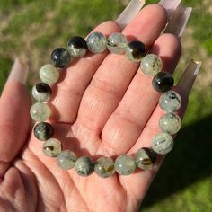 This juicy Prehnite and Epidote bracelet has gorgeous contrast between the bright lime green Prehnite and dark chunks of Epidote! A bright green stretchy cord holds them together! Bright Green, Lime Green, Jelly, Gems, Bracelet, Green