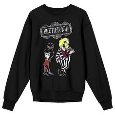 Stay warm and cozy in the long sleeves on this sweatshirt as you celebrate your favorite movies with this Beetlejuice sweatshirt. The sweatshirt features animated images of Lydia Deetz of Betelguese underneath the movie’s logo. The sweatshirt comes in a black long sleeve crew neck. Beetlejuice fans will love this comfy and cozy sweatshirt. Winter Emo Crew Neck Sweatshirt, Winter Long Sleeve Sweatshirt With Character Print, Emo Graphic Print Sweatshirt For Winter, Emo Style Crew Neck Winter Tops, Fall Anime Print Crew Neck Top, Halloween Long Sleeve Emo Sweatshirt, Halloween Emo Long Sleeve Sweatshirt, Pop Culture Graphic Print Sweatshirt For Fall, Fall Band Merch Long Sleeve Sweater