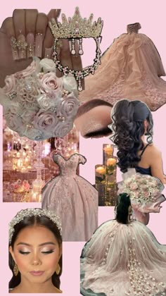 a collage of wedding gowns, tiaras and dresses with flowers on them