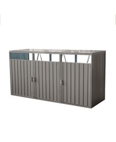 an outdoor storage shed with two doors and windows on the side, in front of a white background