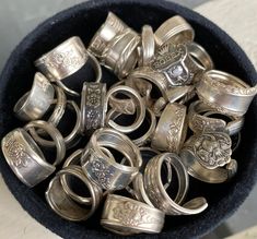 Fantastic gift for your loved ones.  2 for $25 silverplate mystery ring bundle!  You pick a size(s) and I will pick 2 rings to send you!  Let me know what sizes you want in the personization window. Please message me with any questions :) Gift bag included FREE RETURNS OR EXCHANGES IF YOU ARE UNSATISFIED WITH YOUR PURCHASE. Please just message me to resolve a problem before leaving a poor review.  The rings are made from preloved silverware so there may be some imperfections. You can request a s Lots Of Silver Rings, Spoon Rings Silver, Metal Working Jewelry, Chunky Sterling Silver Rings, Old Silver Jewellery, Silver Jewelry Collection, Making Spoon Rings, Funky Silver Jewelry, Vintage Silver Stackable Nickel-free Rings