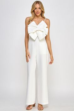 bow front jumpsuit with optional straps Brand: Milk & Honey Style: 39549RL Fabric: 95% Polyester, 5% Spandex Details: Elegant Spaghetti Strap Jumpsuits And Rompers For Spring, Spring Party Jumpsuits And Rompers With Bow, Spring Party Jumpsuit With Bow, Fitted Summer Jumpsuits And Rompers With Bow, Chic Summer Jumpsuits And Rompers With Bow, Fitted White Jumpsuit With Tie Back, White Fitted Jumpsuit With Tie Back, White Strapless Jumpsuit For Spring Party, Chic White Tie-back Jumpsuits And Rompers