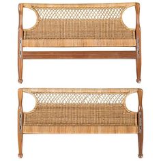 two wooden benches with wicker seats on each one and the other side by side