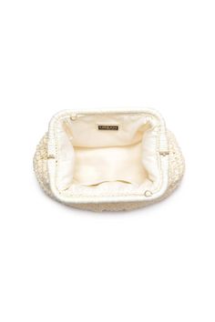 Lydia Clutch Color: Ivory﻿ Acrylic pearl beaded purse. Gold hardware Snap closure Detachable chain strap Fabric lined Dimensions: 11.5" L x 6.25" H x 2" W Pearl Clutch, Beaded Purses, Color Ivory, Pearl Beads, Chain Strap, Gold Hardware, Snap Closure, Purse, Chain