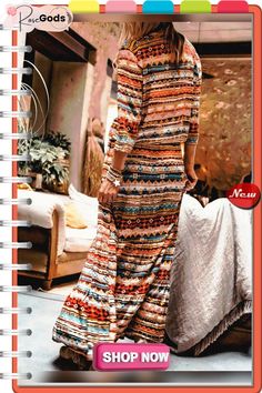 Leisure Vacation Ethnic Style Geometric Print Maxi Dress Bohemian Patterned Maxi Dress For Fall, Casual Long Sleeve Maxi Dress For Festivals, Bohemian Long Sleeve Maxi Dress With Abstract Print, Bohemian Multicolor Geometric Pattern Dress, Multicolor Bohemian Dress With Geometric Pattern, Casual Multicolor Boho Dress, Casual Multicolor Boho Maxi Dress, Casual Maxi Dress With Geometric Pattern For Beach, Bohemian V-neck Dress With Geometric Pattern