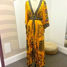 This Dress Has Great Movement. It’s 100% Viscose. Angled Sleeve To Elbow. Open Back. This Is Repeat Style For Farm Because It Looks Good On So Many Body Types. Silk V-neck Beachwear Dress, Bohemian Yellow Dress With Kimono Sleeves, Yellow Bohemian Dress With Kimono Sleeves, Yellow Dresses With Kimono Sleeves For Vacation, Yellow Dress With Kimono Sleeves For Vacation, Long Sleeve Silk Beach Dress, Yellow Bohemian Rayon Dress, Yellow Silk Dress For Vacation, Yellow Silk Beach Dress