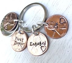 Personalized Penny Keychains - Natashaaloha, jewelry, bracelets, necklace, keychains, fishing lures, gifts for men, charms, personalized, Stamped Jewelry Ideas, Pennies Crafts, Metal Stamped Jewelry Diy, Penny Jewelry, Engraving Metal, Coin Crafts, Laser Engraved Metal, Farmhouse Beads, Metal Ideas