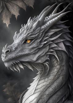 a white dragon with orange eyes sitting on top of a tree branch in front of a dark sky