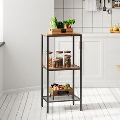 a kitchen with white walls and flooring has an open shelving unit on the side