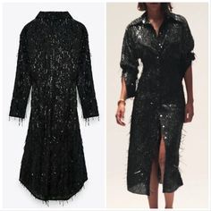 Nwt Zara Limited Edition Sequined Shirt Dress Black Fringe. Size Medium. Size For Medium In Inch Lay Flat - Shoulder - 24 Inch - Armpit - 19 Inch - Waist - 17 Inch - Hips - 20 - Length - 44 Inch Fall Long Sleeve Shirt Dress For Party, Black Shirt Dress For Summer Party, Summer Party Black Shirt Dress, Black Long Sleeve Shirt Dress For Party, Fall Shirt Dress For Night Out, Zara Shirt Dress For Summer Night Out, Evening Shirt Dress With Long Sleeves, Evening Long Sleeve Shirt Dress, Zara Shirt Dress For Spring Party