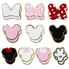 mickey mouse and minnie mouse hair clips in different colors, sizes and shapes on white background