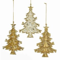 three gold christmas trees hanging from chains